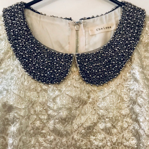 Gold foil sleeveless party dress w/ collar - Picture 4 of 5